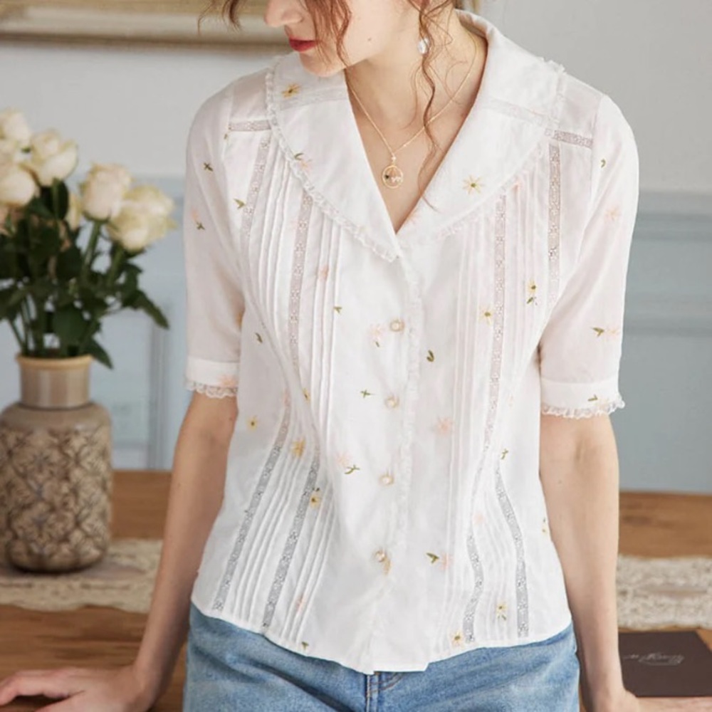 SIMPLE RETRO ERIN 100% COTTON V-NECK BLOUSE Small